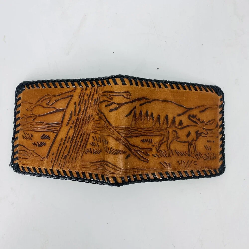 Handmade Vintage Tooled Leather Moose Wallet Mountains & Trees Forrest Brown